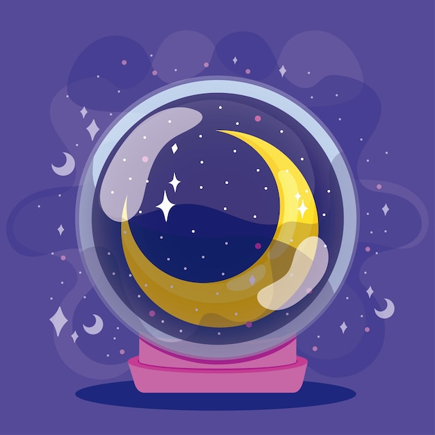 Bola de cristal aislada con un símbolo de la luna Ilustración vectorial