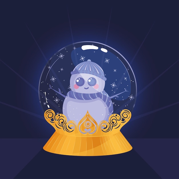 Bola de cristal de color aislada con un lindo personaje de muñeco de nieve Ilustración vectorial