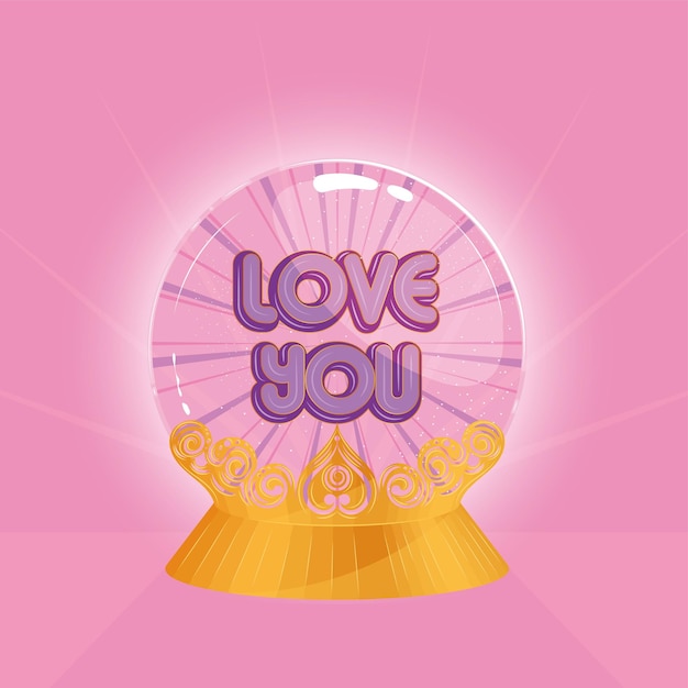 Bola de cristal de color aislado con efectos de brillo y un mensaje de amor ilustración vectorial