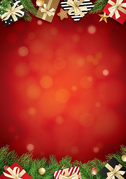 Vector bola de cristal de navidad y caja de regalo fondo rojo con espacio para texto