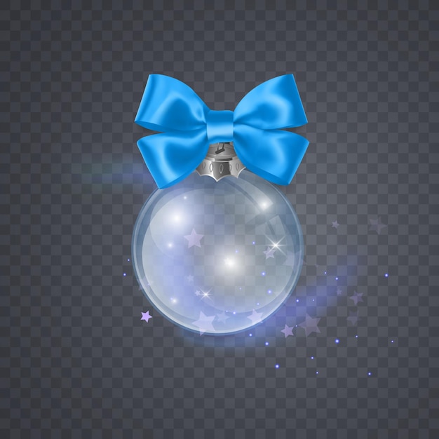 Bola de cristal navideña con lazo azul en transparente, ilustrador vectorial