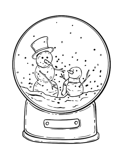 Bola de cristal navideña en un soporte con nieve en el interior y dos muñecos de nieve doodle lineal