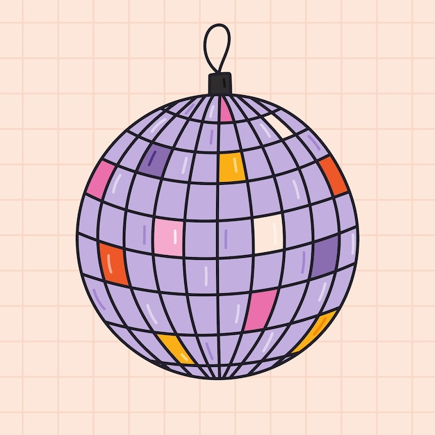 Bola de discoteca linda y groovy con espejo chisporroteante como símbolo de los años setenta Bola de pop discoteca de espejo colorido para bailes de fiesta Nostalgia por la estética de la discoteca vintage vibraciones de los años sesenta Guión dibujado a mano con contorno