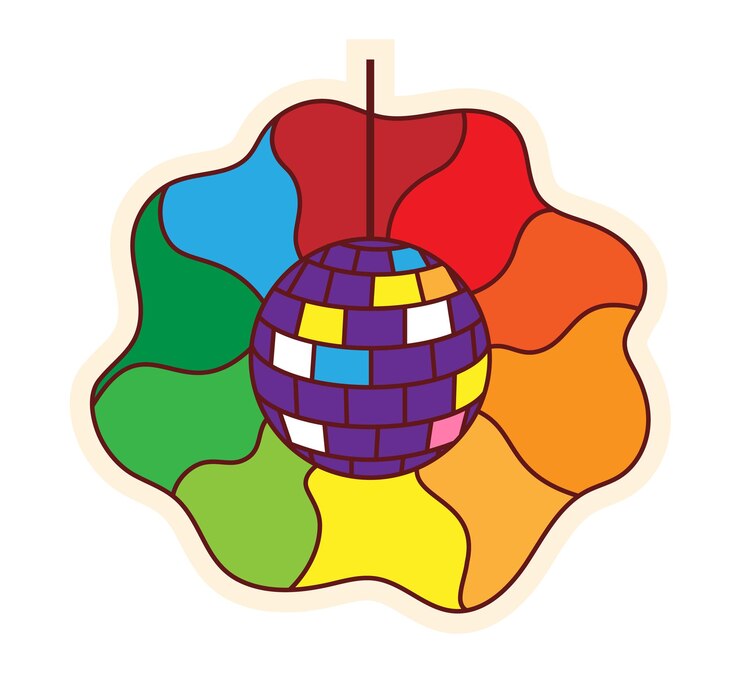 Vector una bola de discoteca de la que brilla un arco iris pegatina retro psicodélica ilustración vectorial de los años 70 y 80