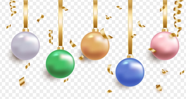 Bola dorada de navidad con confeti y cintas. confeti y cintas de metal 3d, fondo de lujo