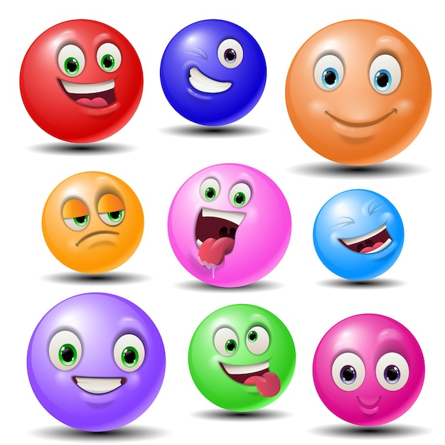 bola se enfrenta a máscaras con la boca y los ojos de emoticonos extraterrestres
