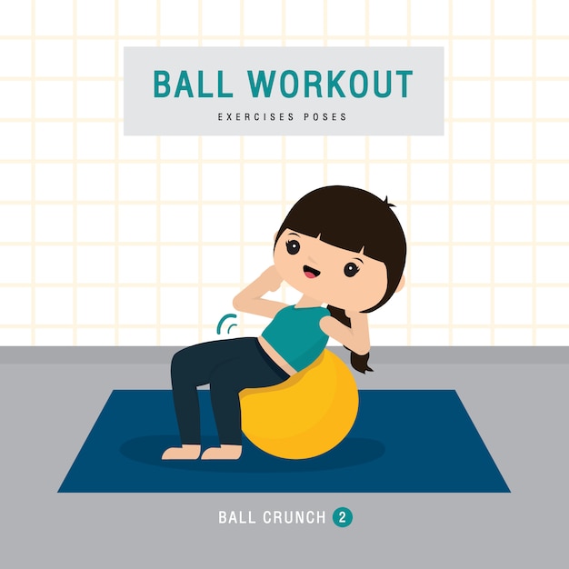 Vector bola de entrenamiento. mujer haciendo ejercicio de pelota de estabilidad y entrenamiento de yoga en el gimnasio en casa, quedarse en casa concepto. ilustración de dibujos animados de personajes