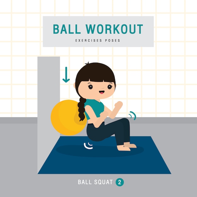 Vector bola de entrenamiento. mujer haciendo ejercicio de pelota de estabilidad y entrenamiento de yoga en el gimnasio en casa, quedarse en casa concepto. ilustración de dibujos animados de personajes