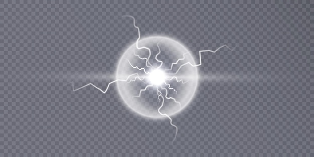 Una bola de fuego sobre un fondo transparente, una colisión de dos fuerzas con un destello brillante y un relámpago.