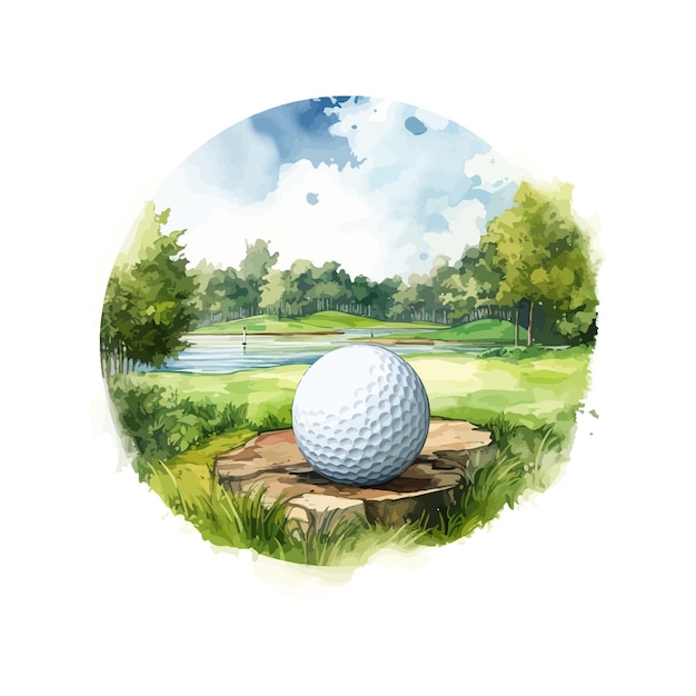 Bola de golf con acuarela de campo de golf Diseño de ilustración vectorial