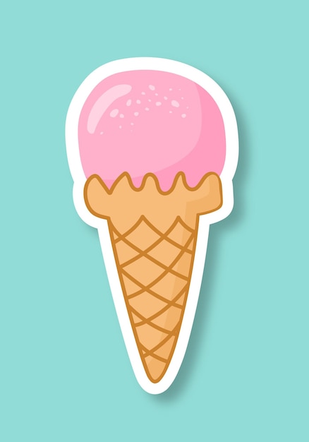 Bola de helado rosa en un cono de waffle sobre un fondo azul