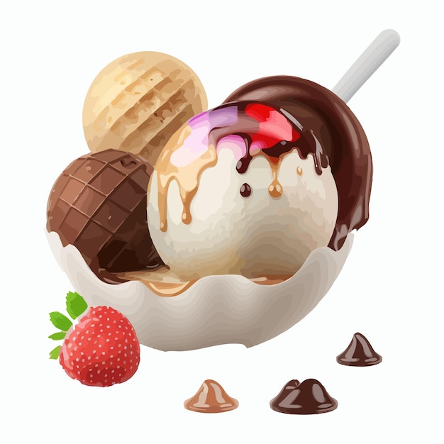 Bola de helado con salsas de chocolat y strowberry o chips de galleta de jarabe ilustración vectorial realista Aislado en el fondo Ilustración vectorial de dibujos animados