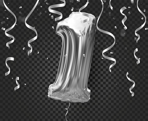 Bola inflable un año con símbolo 1 y cintas de confeti festivas que caen desde arriba Textura de plata de lámina Ilustración vectorial para la celebración del primer cumpleaños de un aniversario de negocios infantil