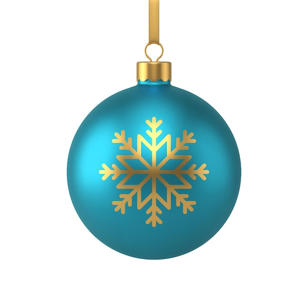 Bola de juguete de árbol de navidad colgada de color turquesa brillante con vector de icono 3d realista de copo de nieve dorado