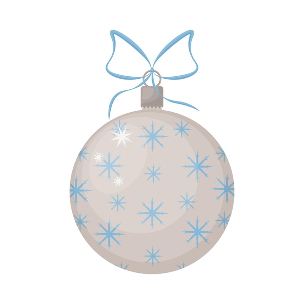 Bola de juguete de árbol de Navidad. Un juguete para decorar un árbol de Navidad en forma de bola plateada decorada con copos de nieve azules. Accesorio de Navidad, ilustración vectorial aislado sobre fondo blanco.