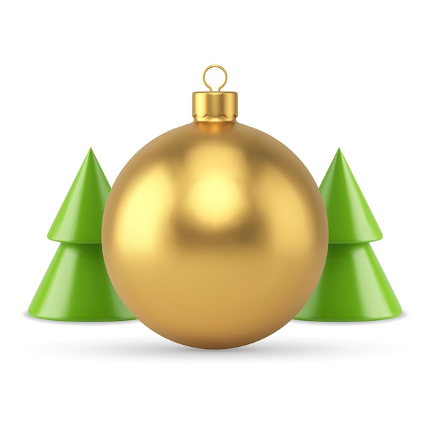 Bola de juguete de navidad premium dorada con árbol de navidad verde vector de icono 3d de vacaciones festivas de diciembre