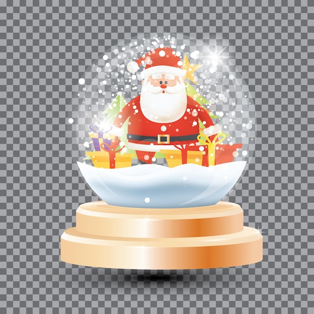 Vector bola mágica de cristal de navidad con cajas de regalo de papá noel y bola de nieve de recuerdo de cristal de abeto en rejilla transparente