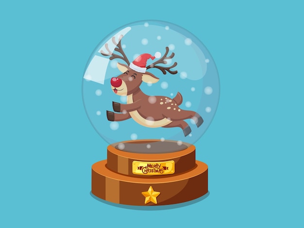 Bola mágica de cristal de navidad con imagen de vector de pequeño reno. feliz navidad y próspero año nuevo. elemento decorativo de vacaciones