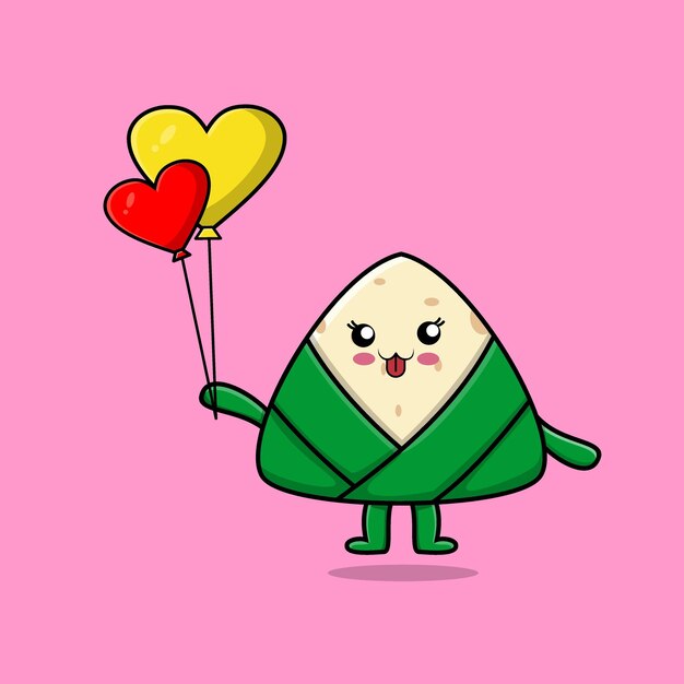 Bola de masa hervida de arroz chino de dibujos animados lindo flotando con ilustración de vector de dibujos animados de globo de amor