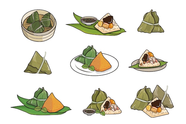 Bola de masa hervida de arroz Elementos Zongzi Conjunto aislado Festival del bote del dragón