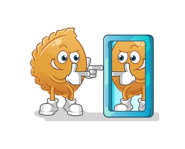 Bola de masa hervida mirando en dibujos animados de espejo. vector de mascota de dibujos animados