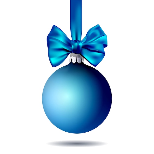 Bola de Navidad azul colgando de una cinta con lazo. Ilustración de vector aislado sobre fondo blanco.