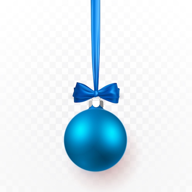 Bola de Navidad azul con lazo azul. Bola de cristal de Navidad sobre fondo transparente. Plantilla de decoración de vacaciones.