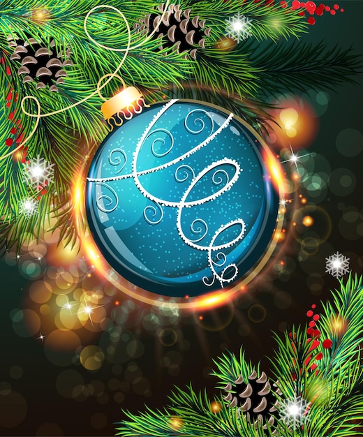 Bola de Navidad azul entre ramas de abeto con conos y bayas de invierno