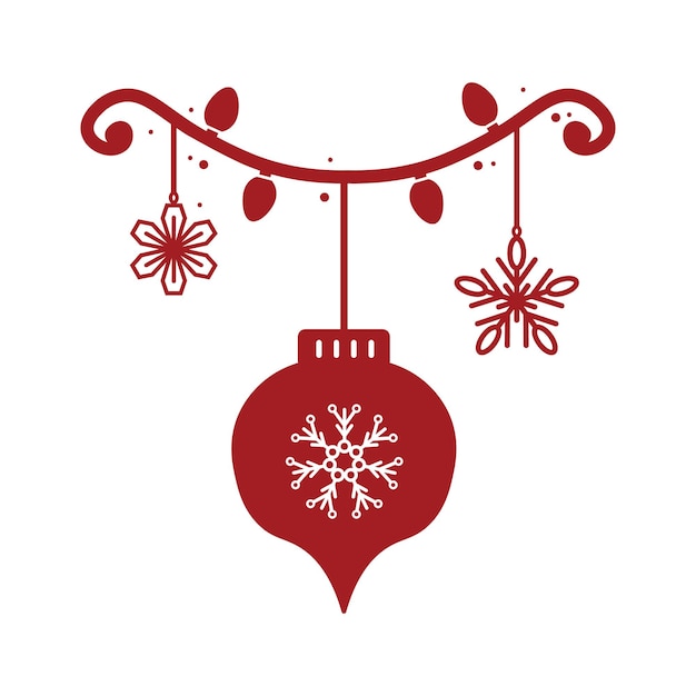 Bola de Navidad colgando con diseño de ilustración de vector de icono aislado de copos de nieve