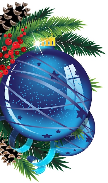 Bola de Navidad con conos de ramas de pino y oropel sobre fondo blanco.