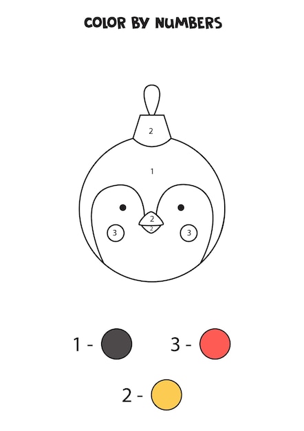 Bola de Navidad de dibujos animados lindo color por números. Hoja de trabajo para niños.