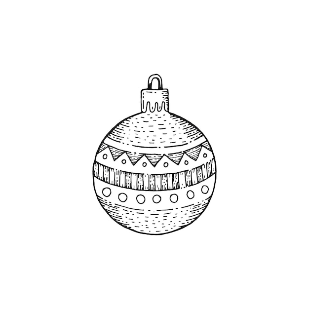 Bola de Navidad Elemento de Navidad ligero Bola adorno de boceto negro Blanco dibujado a mano adorno garabato vector Concepto de vacaciones Ilustración dibujo silueta Decoración de bola de contorno Decoración de invierno de línea