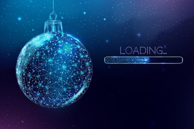 Bola de Navidad de estructura metálica y barra de carga, estilo low poly. Banner de feliz Navidad y año nuevo. Ilustración de vector abstracto.