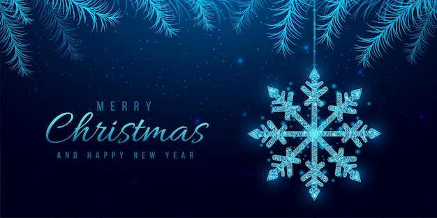 Bola de Navidad de estructura metálica y ramas de árboles de Navidad estilo polivinílico bajo Banner de Año Nuevo Ilustración de vector 3d moderno abstracto sobre fondo azul