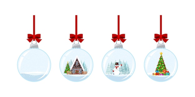 Bola de Navidad con nieve aislada sobre fondo blanco. Adorno de bola de nieve de cristal colgante con casa decorada, árbol de Navidad con regalos, muñeco de nieve. Ilustración de vacaciones de invierno de estilo de dibujos animados plano de vector.