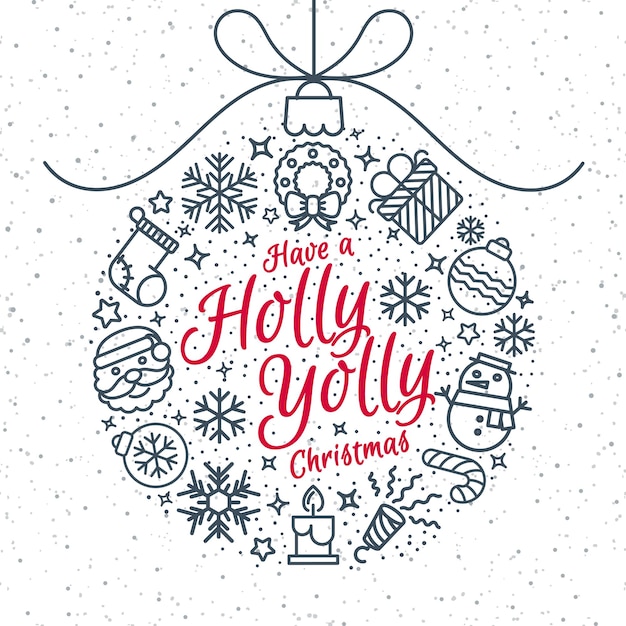 Bola de Navidad que consta de iconos de Navidad estilo de línea y signo tienen una Holly Jolly Navidad en el fondo de vacaciones de nieve. Elemento de decoración. Feliz Año Nuevo. Ilustración vectorial