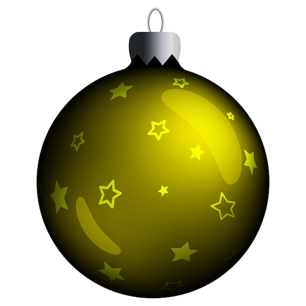 Bola de Navidad redonda realista con estrellas de gradiente amarillo y llamaradas aisladas en un blanco