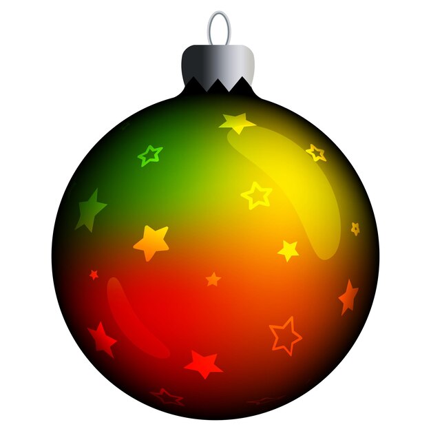 Bola de Navidad redonda realista con estrellas de gradiente verde y rojo y bengalas aisladas en un blanco