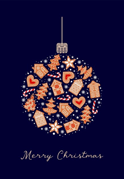 Bola navideña de pan de jengibre decorada con glaseado Galletas tradicionales Casas copos de nieve y corazones Fuente vintage Para carteles tarjetas pancartas elementos de diseño