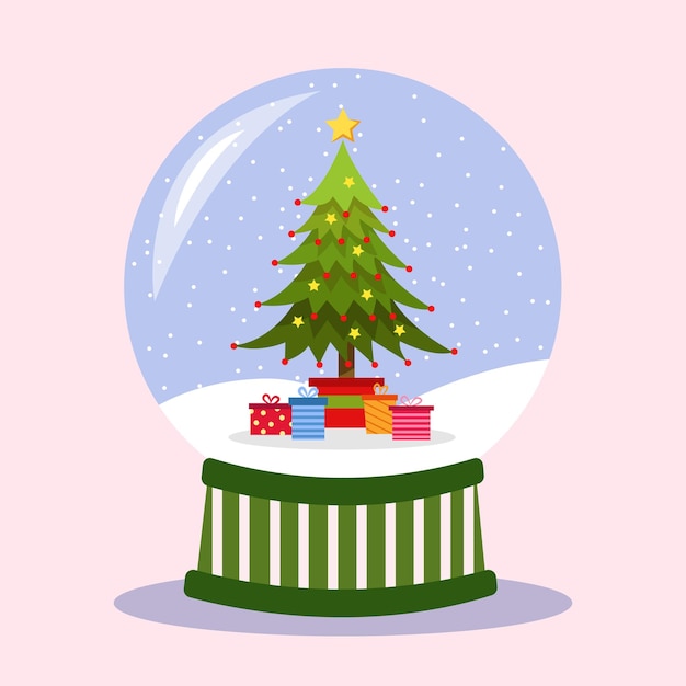 Bola de nieve con árbol de Navidad y regalos en el interior.