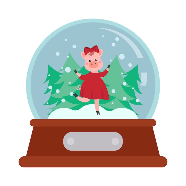 Vector bola de nieve de navidad con cerdo de personaje de dibujos animados