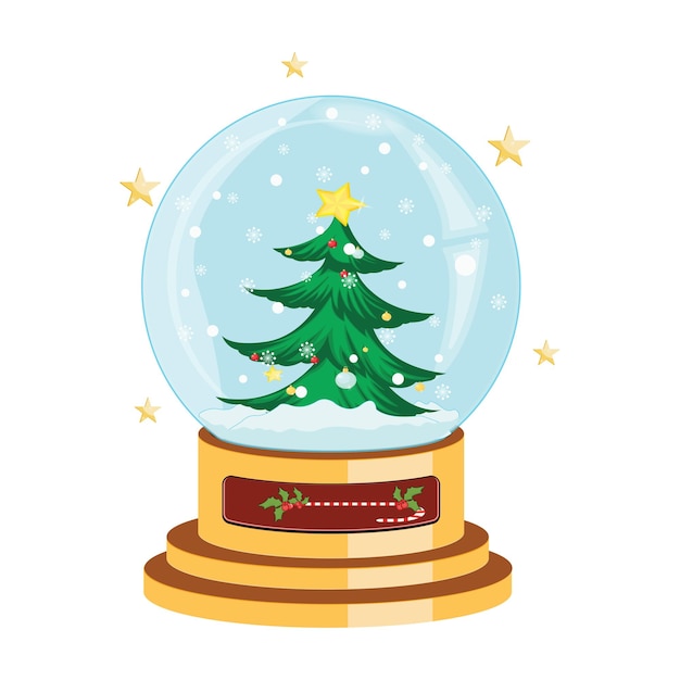 Bola de nieve navideña. Bola de nieve de cristal de Año Nuevo con árbol y nieve Ilustración vectorial aislada.