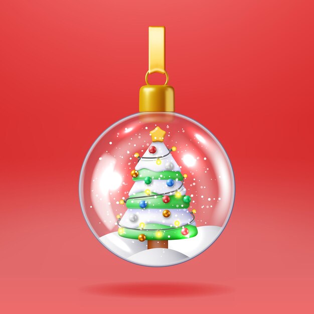 Bola de nieve navideña de vidrio 3D con árbol Esfera de renderizado aislado con abeto Decoración de feliz año nuevo Feliz Navidad Vacaciones Año nuevo Celebración de Navidad Ilustración vectorial realista