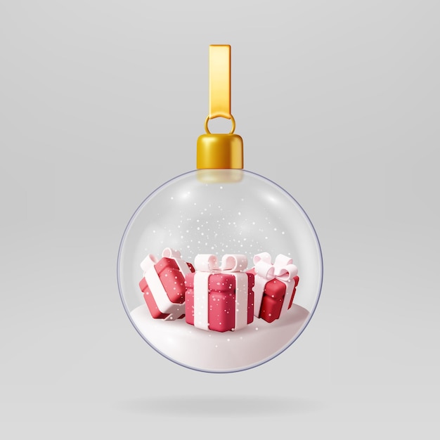 Bola de nieve navideña de vidrio 3D con cajas de regalos