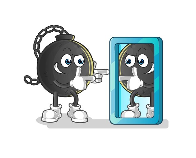 Bola de prisión mirando en dibujos animados de espejo. vector de mascota de dibujos animados