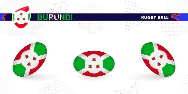 Bola de rugby con la bandera de Burundi en varios ángulos sobre un fondo abstracto