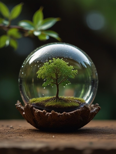 Una bola de vidrio con un árbol dentro de ella y el árbol en el medio feliz día de la tierra