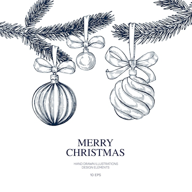 Bolas de árbol de Navidad ramas de abeto dibujadas a mano Ilustración vectorial aislada Estilo de grabado