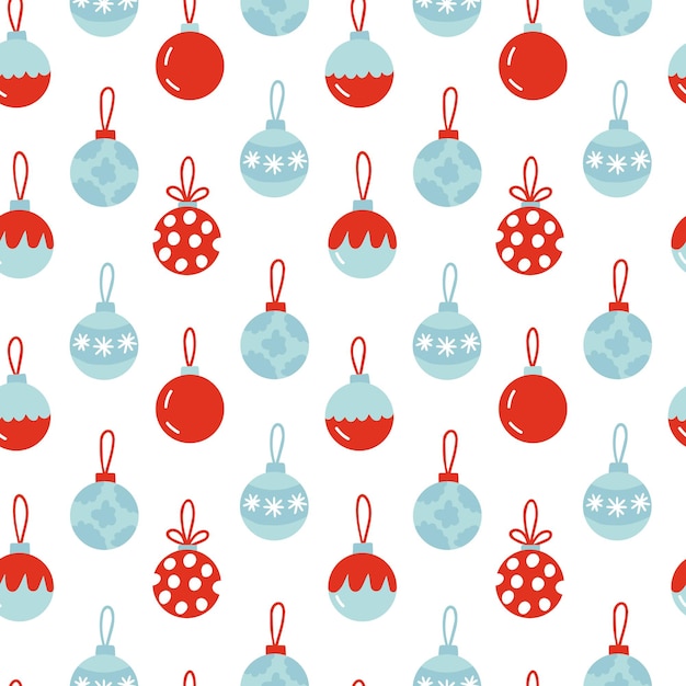 Bolas de árbol de navidad rojas y azules de patrones sin fisuras patrón de vector de bolas de navidad de estilo plano