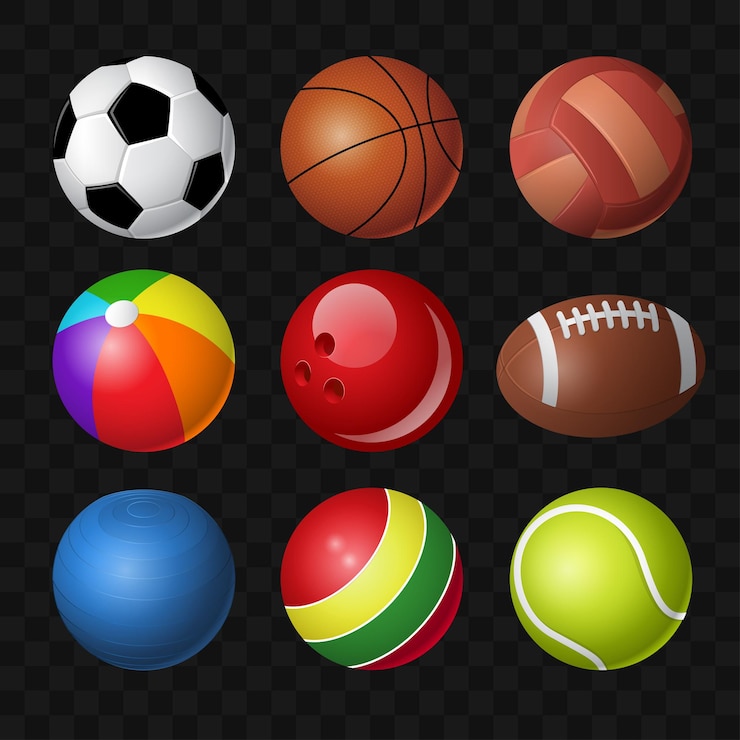 Vector bolas - arte de clip aislado realista vector moderno sobre fondo transparente. equipo para diferentes juegos deportivos, fútbol, soccer, baloncesto, béisbol, voleibol, beachball, bolos, tenis y juguete.